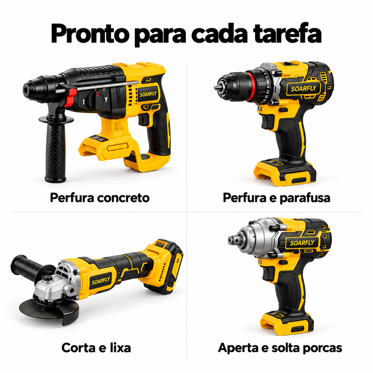 Funções do martelete, furadeira, esmerilhadeira e chave de impacto