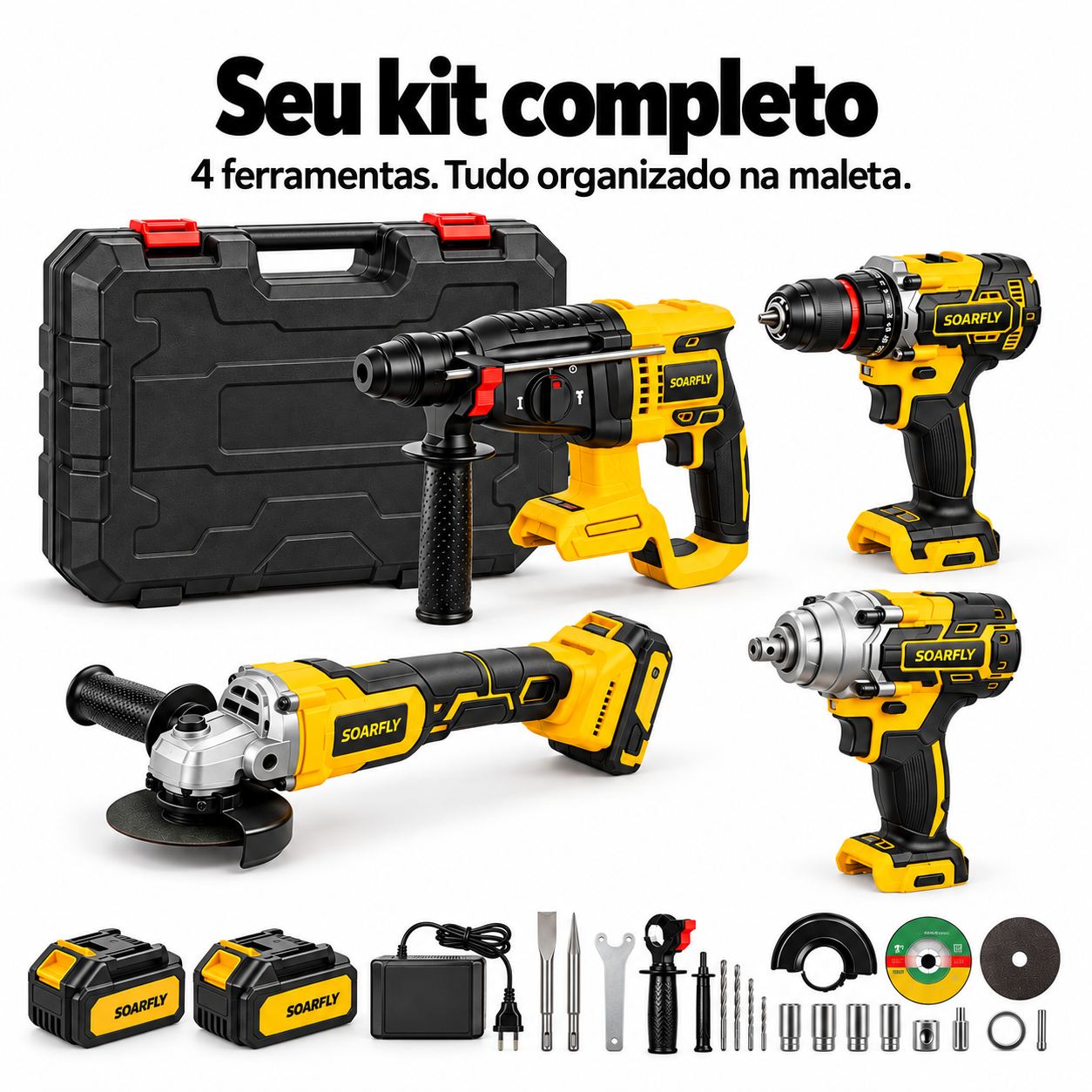 Kit completo com quatro ferramentas, duas baterias, carregador, acessórios e maleta