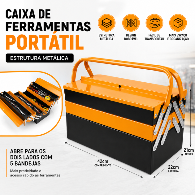 Caixa de Ferramentas Metálica Dobrável 3 Níveis 5 Bandejas Aço Reforçado Revestimento em Pó 42x22x21cm Portátil com Alça Metálica para Garagem e Oficina