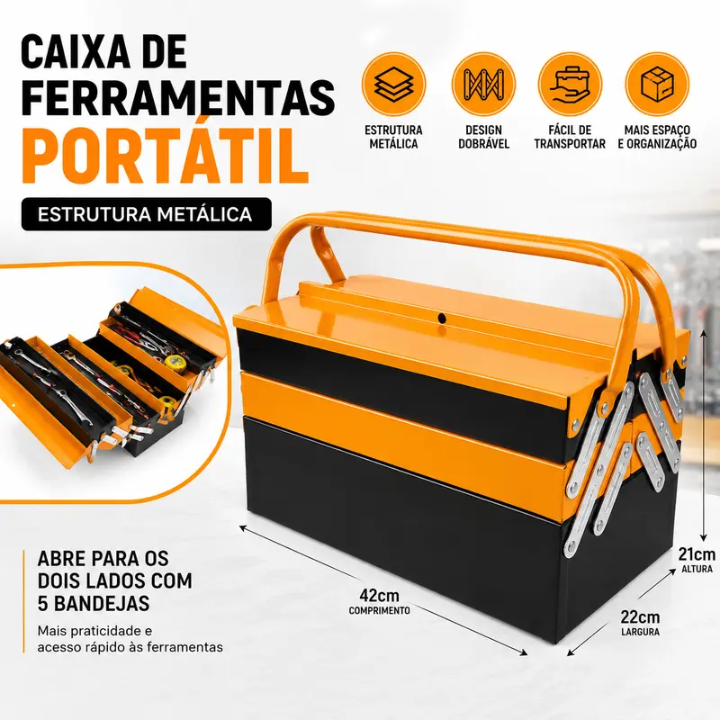Caixa de Ferramentas Metálica Dobrável 3 Níveis 5 Bandejas Aço Reforçado Revestimento em Pó 42x22x21cm Portátil com Alça Metálica para Garagem e Oficina — foto 9