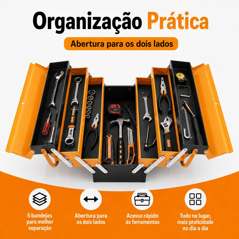 Caixa de Ferramentas Metálica Dobrável 3 Níveis 5 Bandejas Aço Reforçado Revestimento em Pó 42x22x21cm Portátil com Alça Metálica para Garagem e Oficina — foto 10