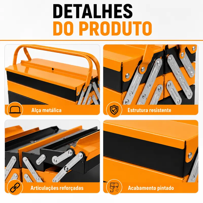 Caixa de Ferramentas Metálica Dobrável 3 Níveis 5 Bandejas Aço Reforçado Revestimento em Pó 42x22x21cm Portátil com Alça Metálica para Garagem e Oficina — foto 11