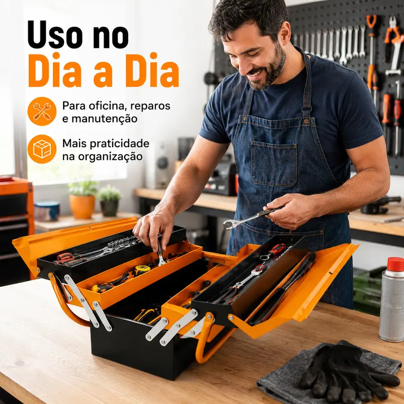 Caixa de Ferramentas Metálica Dobrável 3 Níveis 5 Bandejas Aço Reforçado Revestimento em Pó 42x22x21cm Portátil com Alça Metálica para Garagem e Oficina — foto 12