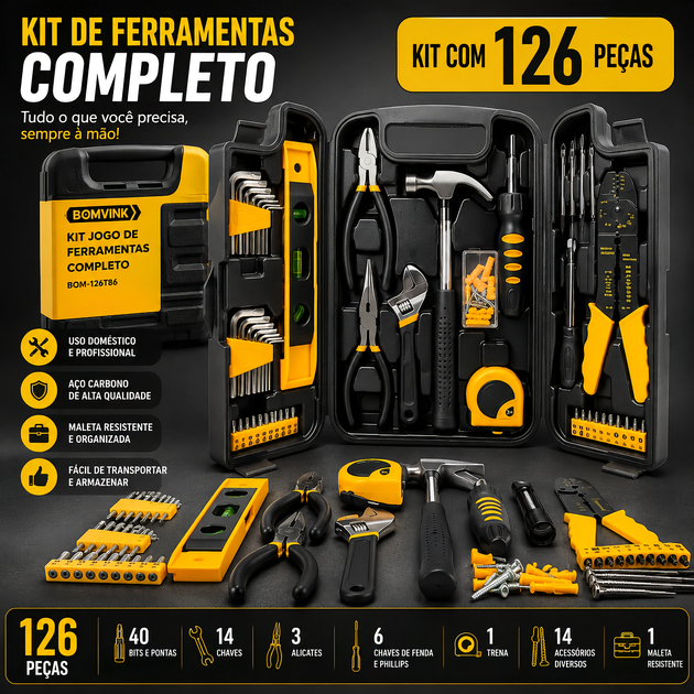 Kit Completo de Ferramentas com 126 Peças em Maleta Rígida Resistente, Conjunto Multifuncional para Reparos Domésticos, Reformas Residenciais e Projetos DIY Artesanais