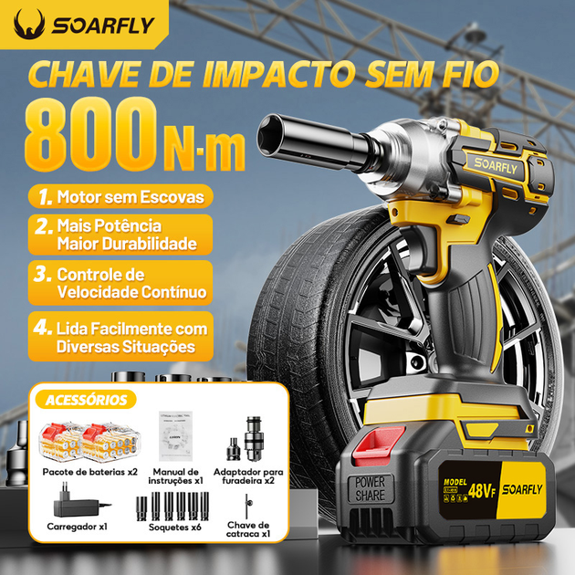 【SOARFLY】Chave de Impacto 3 em 1 - Kit Completo com 2 Baterias de 10 Células, 48Vf, 800Nm, Motor Brushless, Alta Performance (Impacto, Parafusadeira, Furadeira)