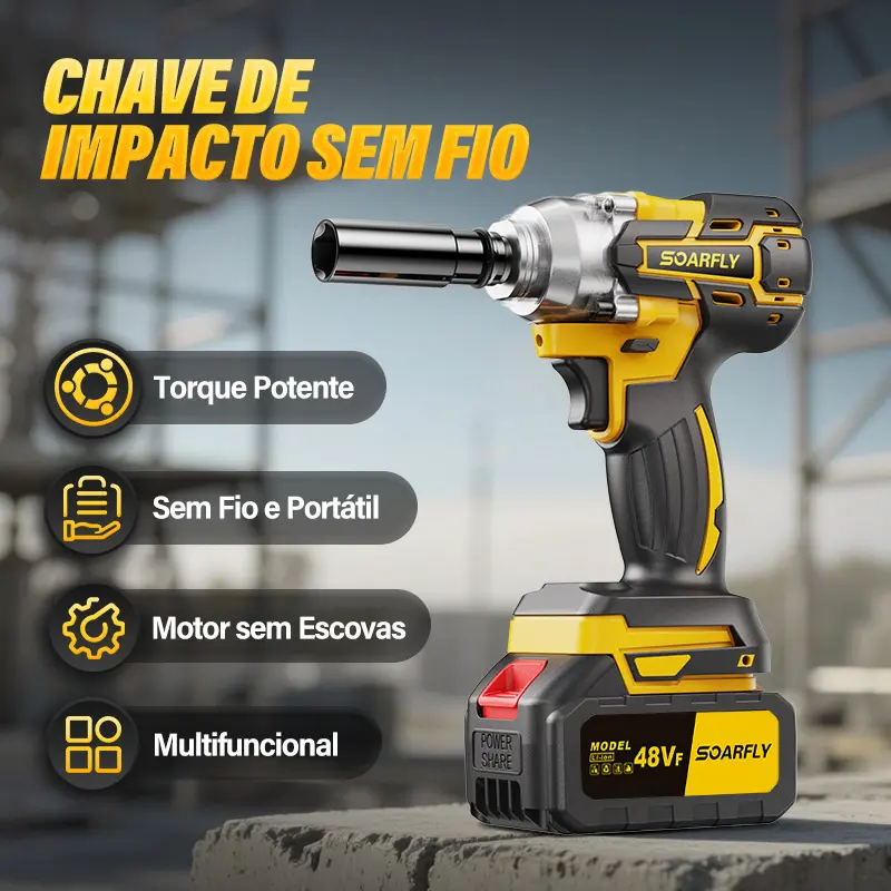 【SOARFLY】Chave de Impacto 3 em 1 - Kit Completo com 2 Baterias de 10 Células, 48Vf, 800Nm, Motor Brushless, Alta Performance (Impacto, Parafusadeira, Furadeira) — foto 3