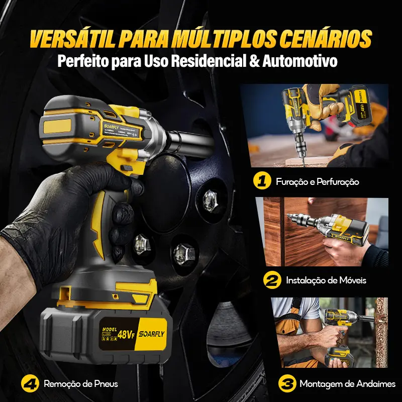 【SOARFLY】Chave de Impacto 3 em 1 - Kit Completo com 2 Baterias de 10 Células, 48Vf, 800Nm, Motor Brushless, Alta Performance (Impacto, Parafusadeira, Furadeira) — foto 10