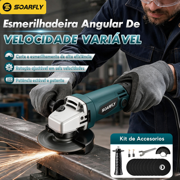 SOARFLY 6 Níveis de Velocidade Esmerilhadeira 950W 11000rpm 127V/220V--Amarela ou Azul, Corta metal, madeira, concreto. Protetor de disco punho auxiliar.