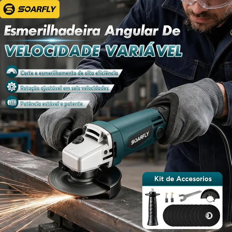 SOARFLY 6 Níveis de Velocidade Esmerilhadeira 950W 11000rpm 127V/220V--Amarela ou Azul, Corta metal, madeira, concreto. Protetor de disco punho auxiliar. — foto 2