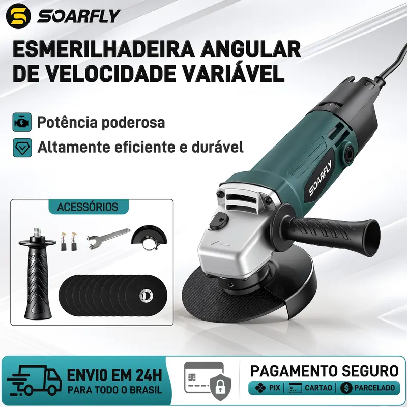 SOARFLY 6 Níveis de Velocidade Esmerilhadeira 950W 11000rpm 127V/220V--Amarela ou Azul, Corta metal, madeira, concreto. Protetor de disco punho auxiliar. — foto 3