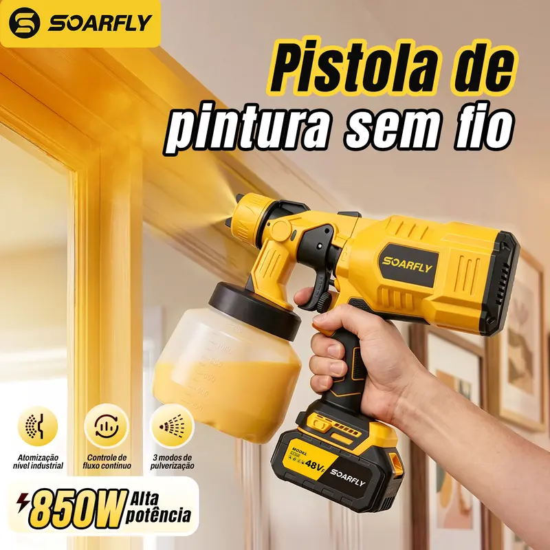 [SOARFLY] 800ml/1200ml Pistola de Pintura 48V com 2 Baterias - Pulverizador Portátil 850W, 32.000rpm, Bateria 5/10 Células, Fluxo até 1.000ml/min, Pulverizador Elétrico Amarelo/Vermelho — foto 2