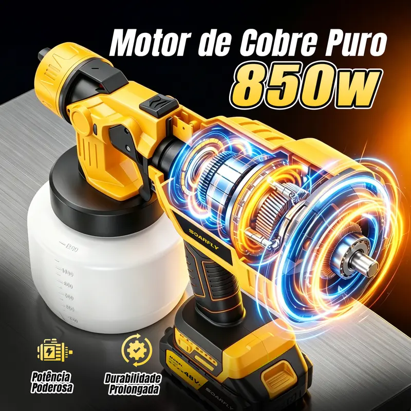 [SOARFLY] 800ml/1200ml Pistola de Pintura 48V com 2 Baterias - Pulverizador Portátil 850W, 32.000rpm, Bateria 5/10 Células, Fluxo até 1.000ml/min, Pulverizador Elétrico Amarelo/Vermelho — foto 3