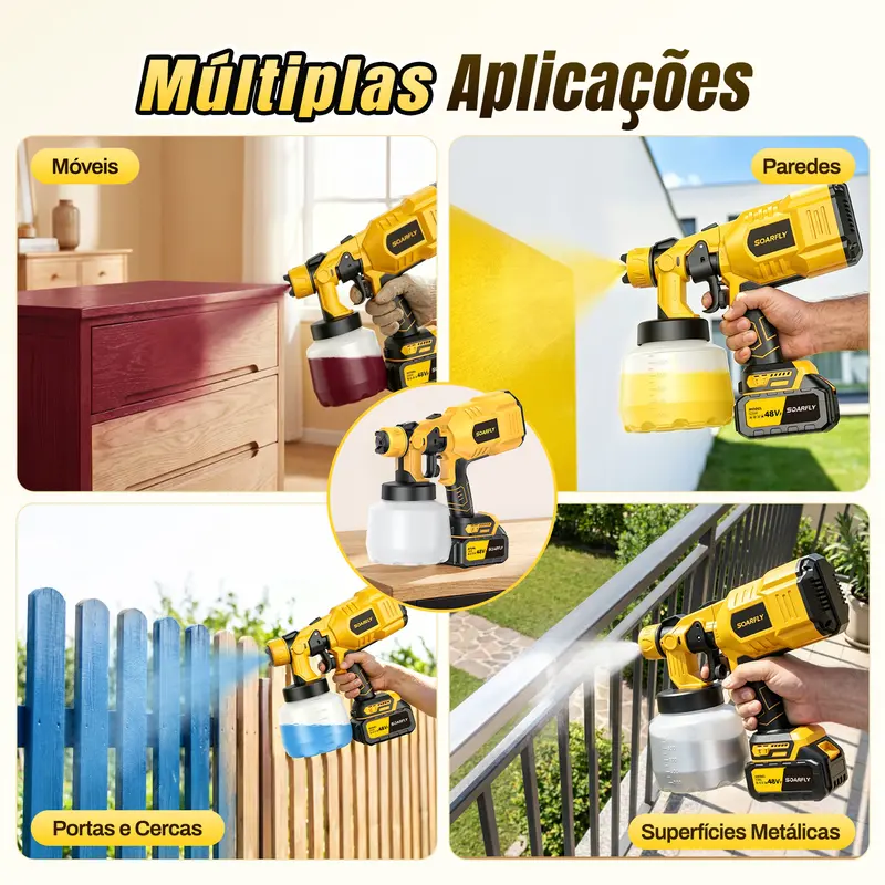 [SOARFLY] 800ml/1200ml Pistola de Pintura 48V com 2 Baterias - Pulverizador Portátil 850W, 32.000rpm, Bateria 5/10 Células, Fluxo até 1.000ml/min, Pulverizador Elétrico Amarelo/Vermelho — foto 10