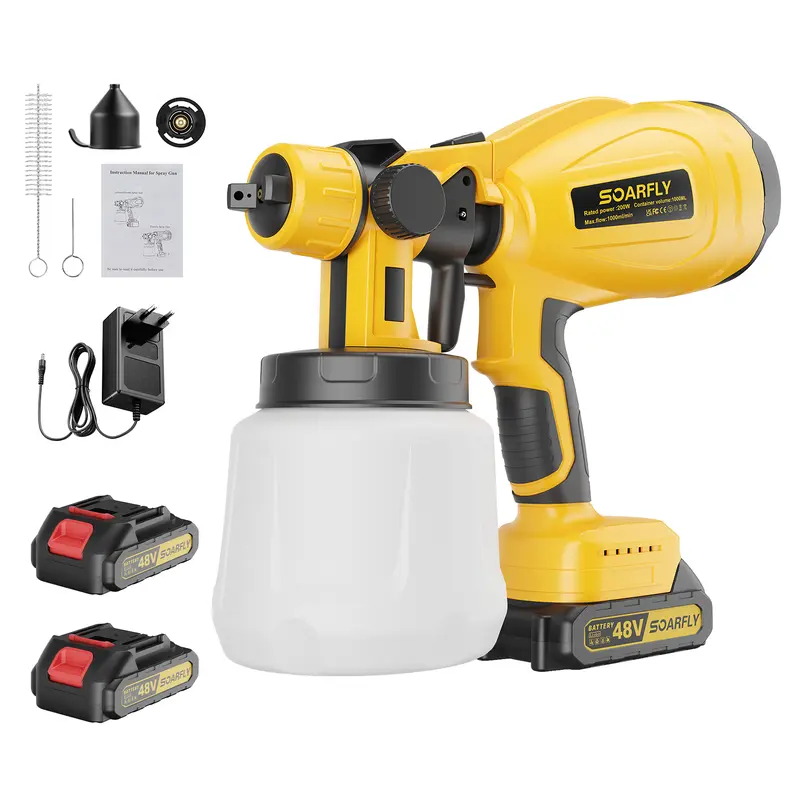 [SOARFLY] 800ml/1200ml Pistola de Pintura 48V com 2 Baterias - Pulverizador Portátil 850W, 32.000rpm, Bateria 5/10 Células, Fluxo até 1.000ml/min, Pulverizador Elétrico Amarelo/Vermelho — foto 11