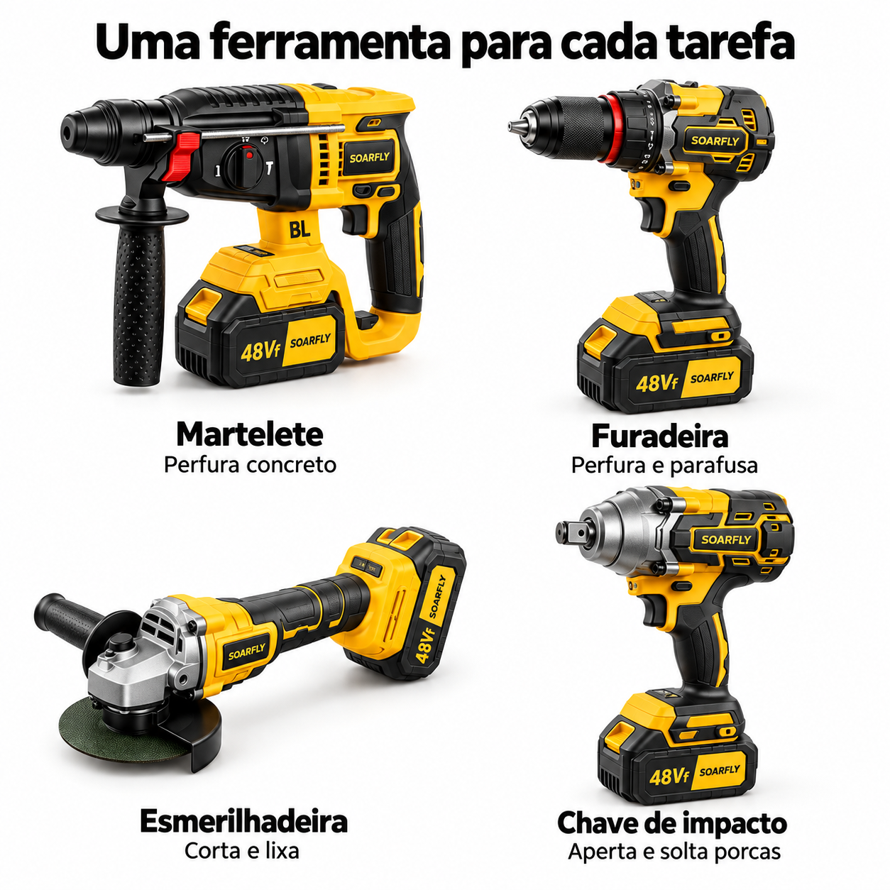 Kit Ferramentas 4 em 1 48Vf | Íon Lítio Baterias Sem Fio | Martelete + Esmerilhadeira + Furadeira + Chave de Impacto — foto 2