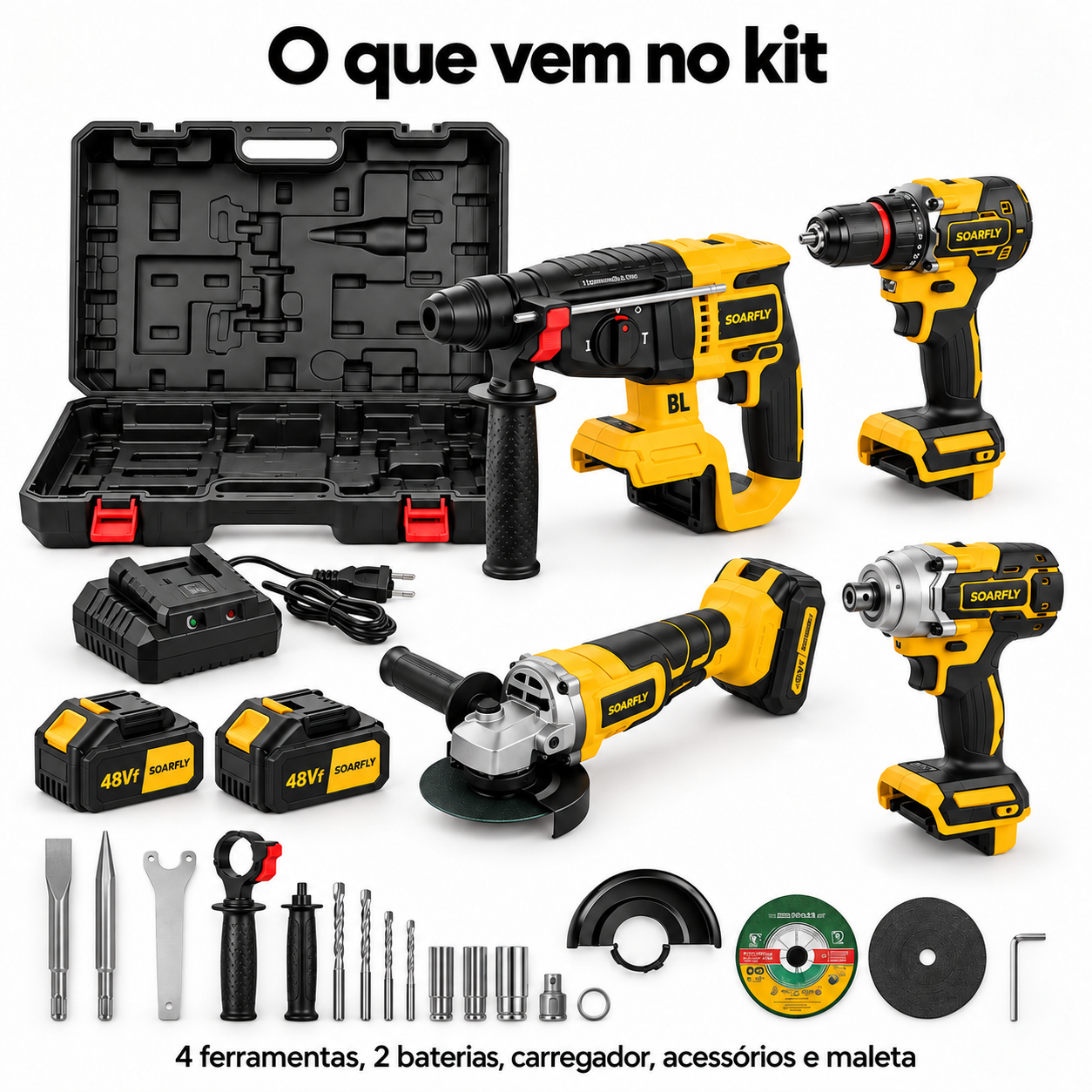 Kit Ferramentas 4 em 1 48Vf | Íon Lítio Baterias Sem Fio | Martelete + Esmerilhadeira + Furadeira + Chave de Impacto — foto 3